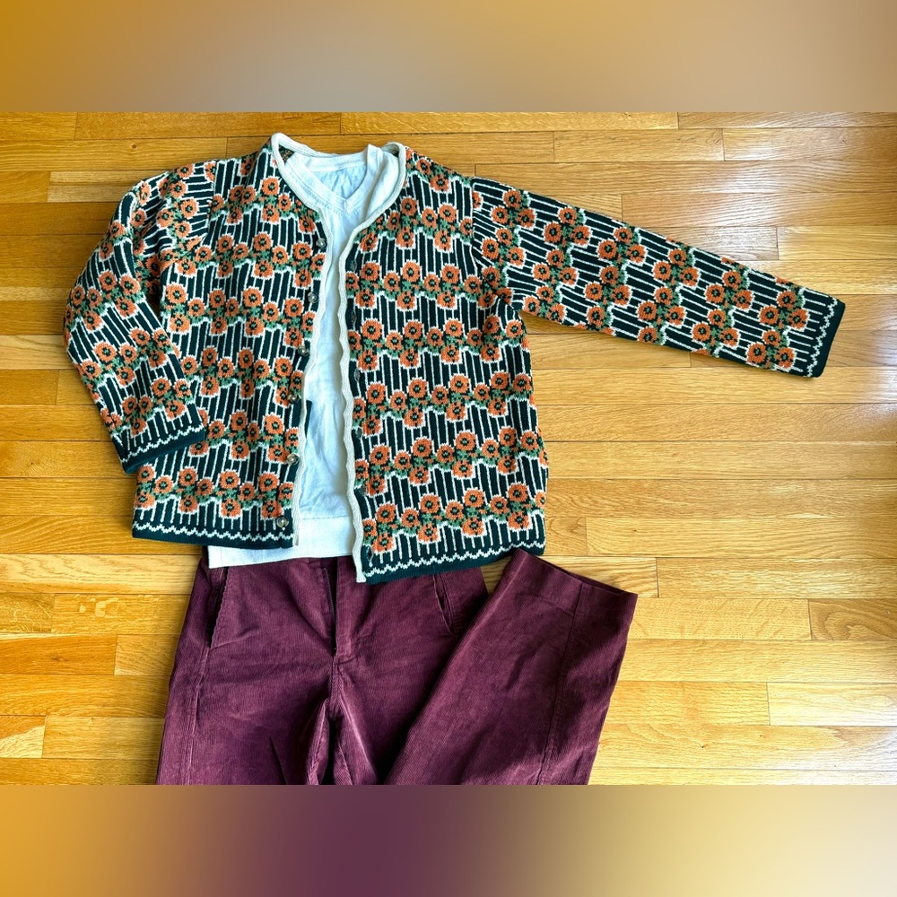 BODE 100% Wool Floral Cardigan Green Scalloped Trim Heavyweight Knit Unisex M